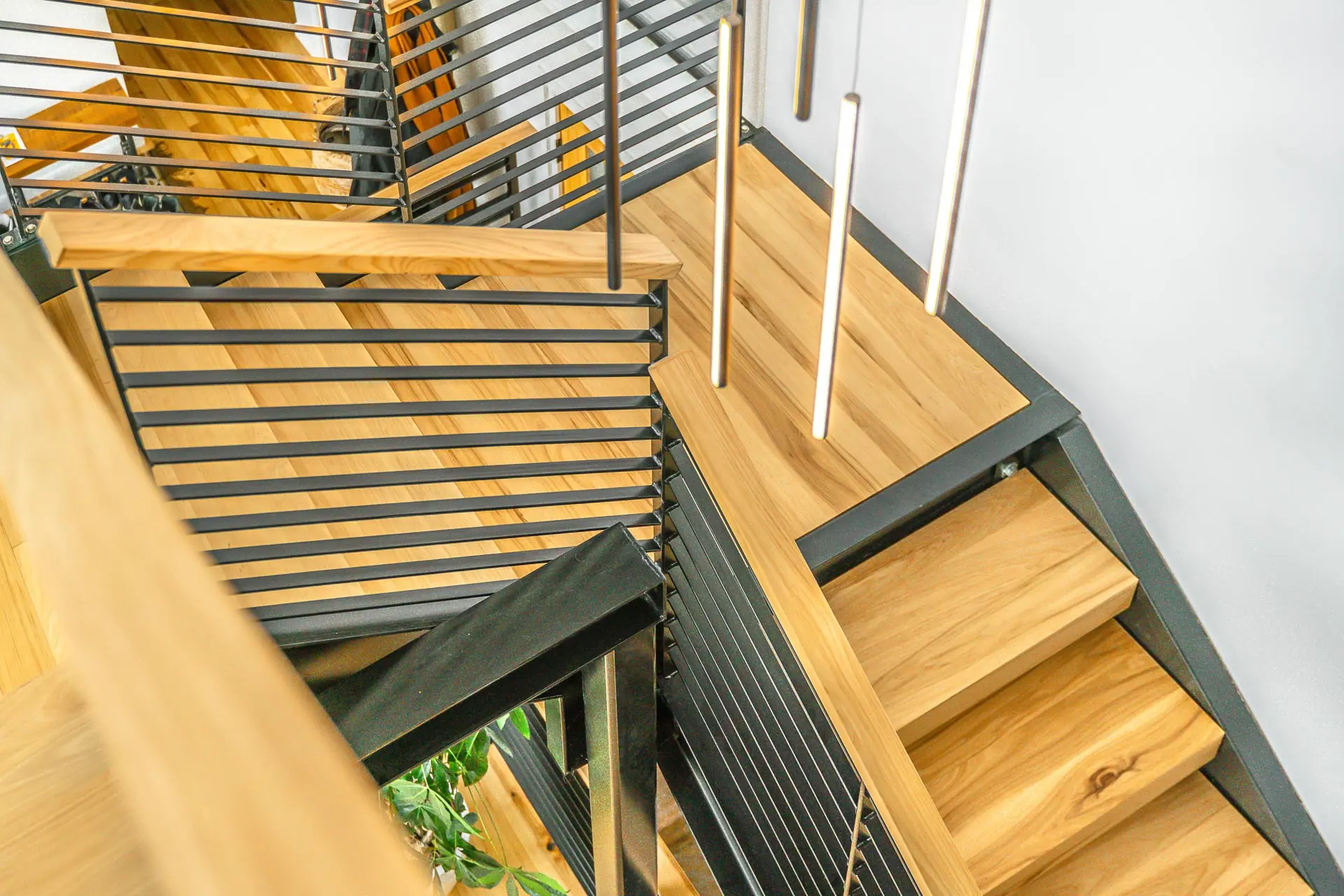 Mitered return treads on an open ended staircase in Bellevue, Washington.