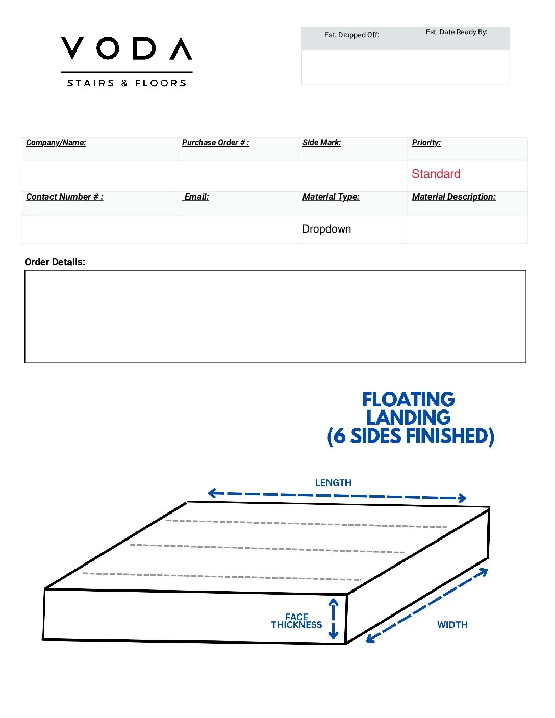 Floating Block Landing 6 Sides fabrication template PDF preview from Voda Stairs