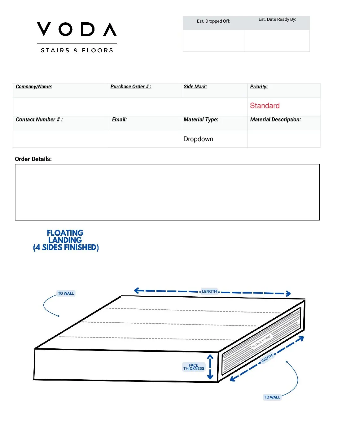 Floating Block Landing 4 Sides fabrication template PDF preview from Voda Stairs