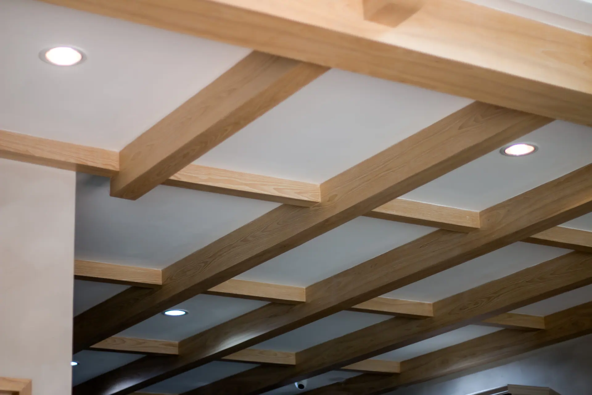 Ceiling Beams custom fabricated from your flooring by Voda Stairs in Seattle