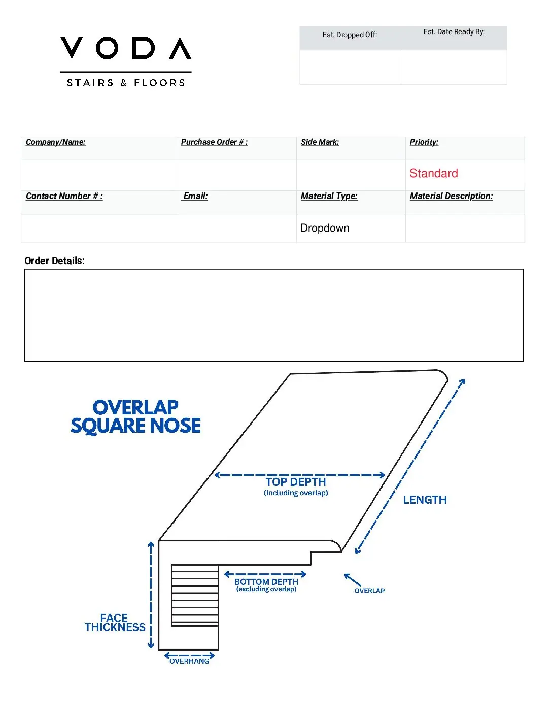 Overlap Square Nose fabrication template PDF preview from Voda Stairs