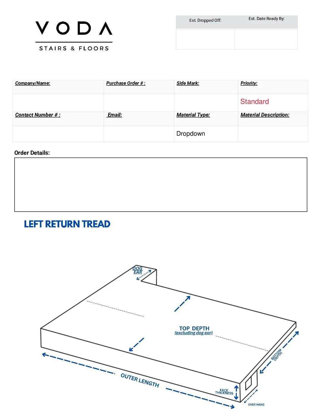 Non Standard Left Return Tread fabrication template PDF preview from Voda Stairs