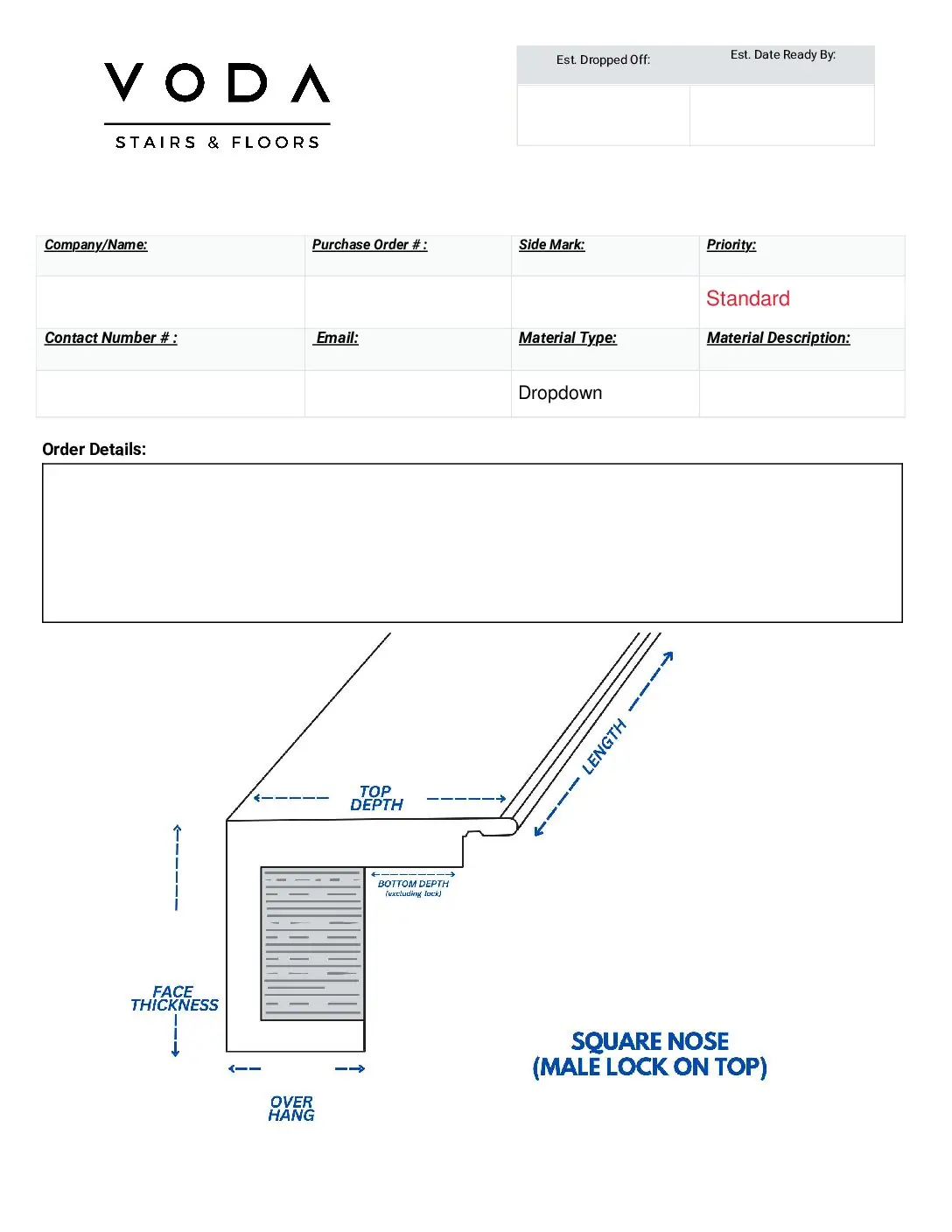 Square Nose With Male Lock fabrication template PDF preview from Voda Stairs