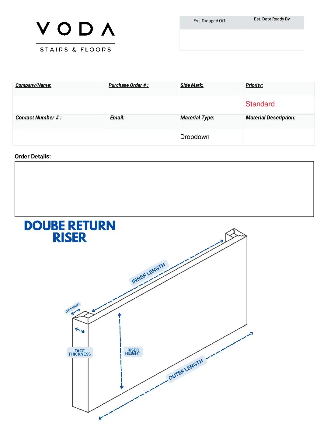 Double Return Riser fabrication template PDF preview from Voda Stairs